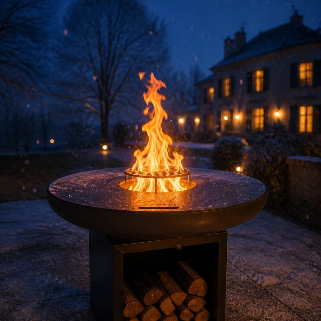 Brasero artisanal en activité sur une terrasse enneigée le soir, flammes vives, convives emmitouflés autour