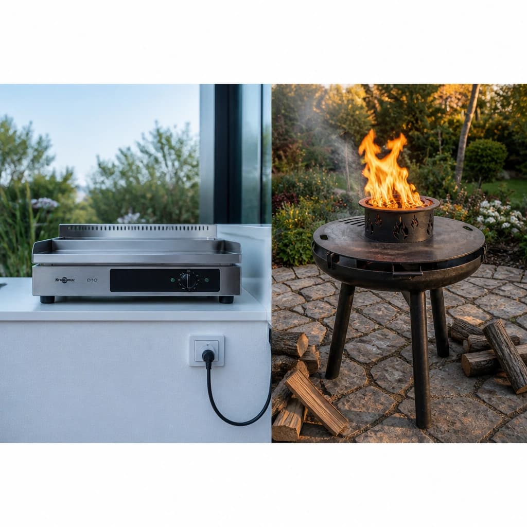 Comparatif visuel entre plancha électrique inox moderne et brasero plancha artisanal au feu de bois côte à côte