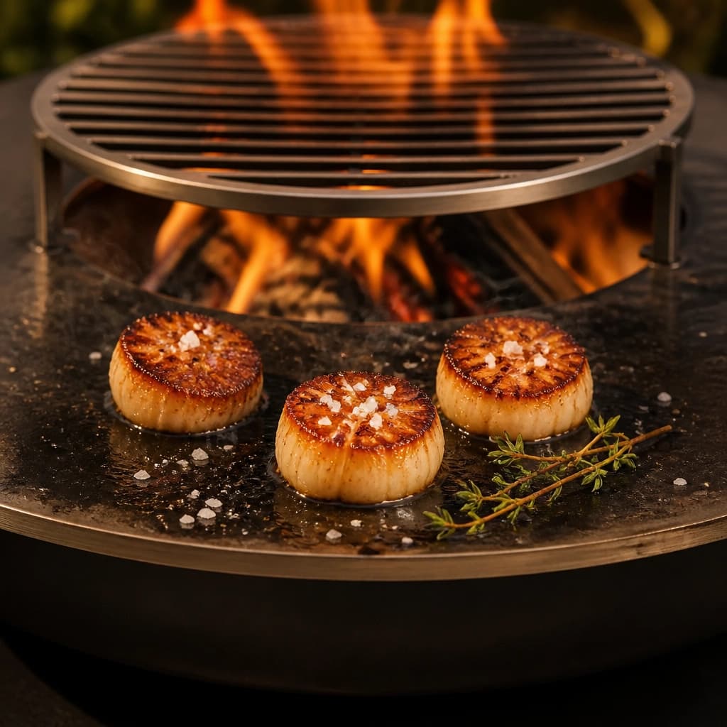 Saint-Jacques saisies à la française sur la plancha d'un brasero artisanal au feu de bois