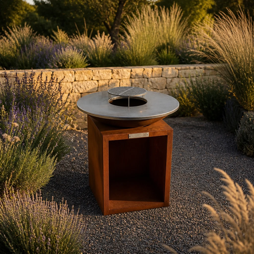 Brasero corten artisanal français avec patine brun chocolat développée par les années dans un jardin paysager
