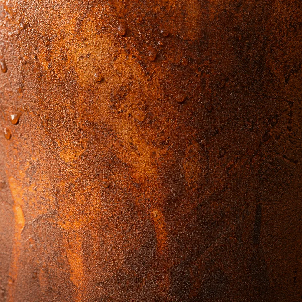 Brasero corten patiné après plusieurs années d'usage en jardin français, patine brun chocolat profonde et homogène