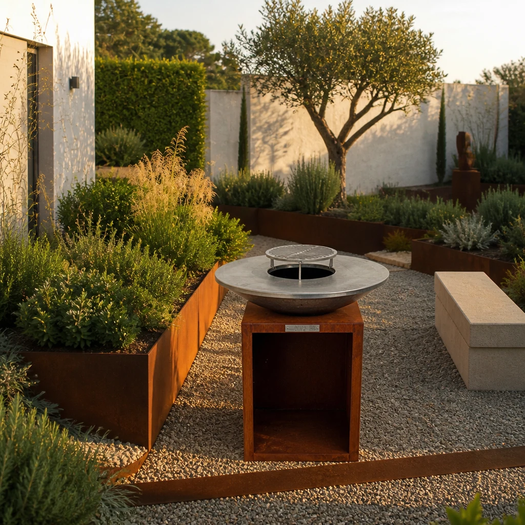 Brasero corten dans un jardin paysager contemporain à la golden hour, intégration parfaite au minéral et au végétal
