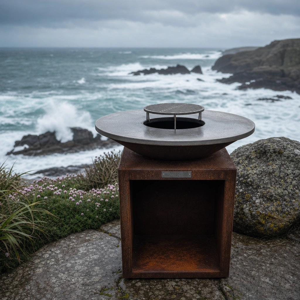 Brasero corten sur terrasse face à la mer en Bretagne, embruns et lumière argentée du Finistère