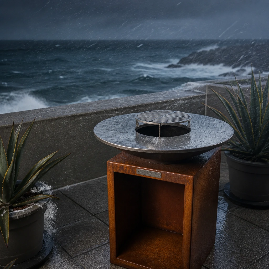 Brasero corten patiné sur une terrasse de pierre face à l'océan Atlantique en Bretagne, embruns visibles, lumière de fin d'après-midi