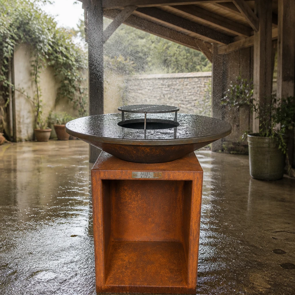 Brasero corten neuf en cours de patination sous un auvent ouvert, avec brumisateur léger qui simule la pluie