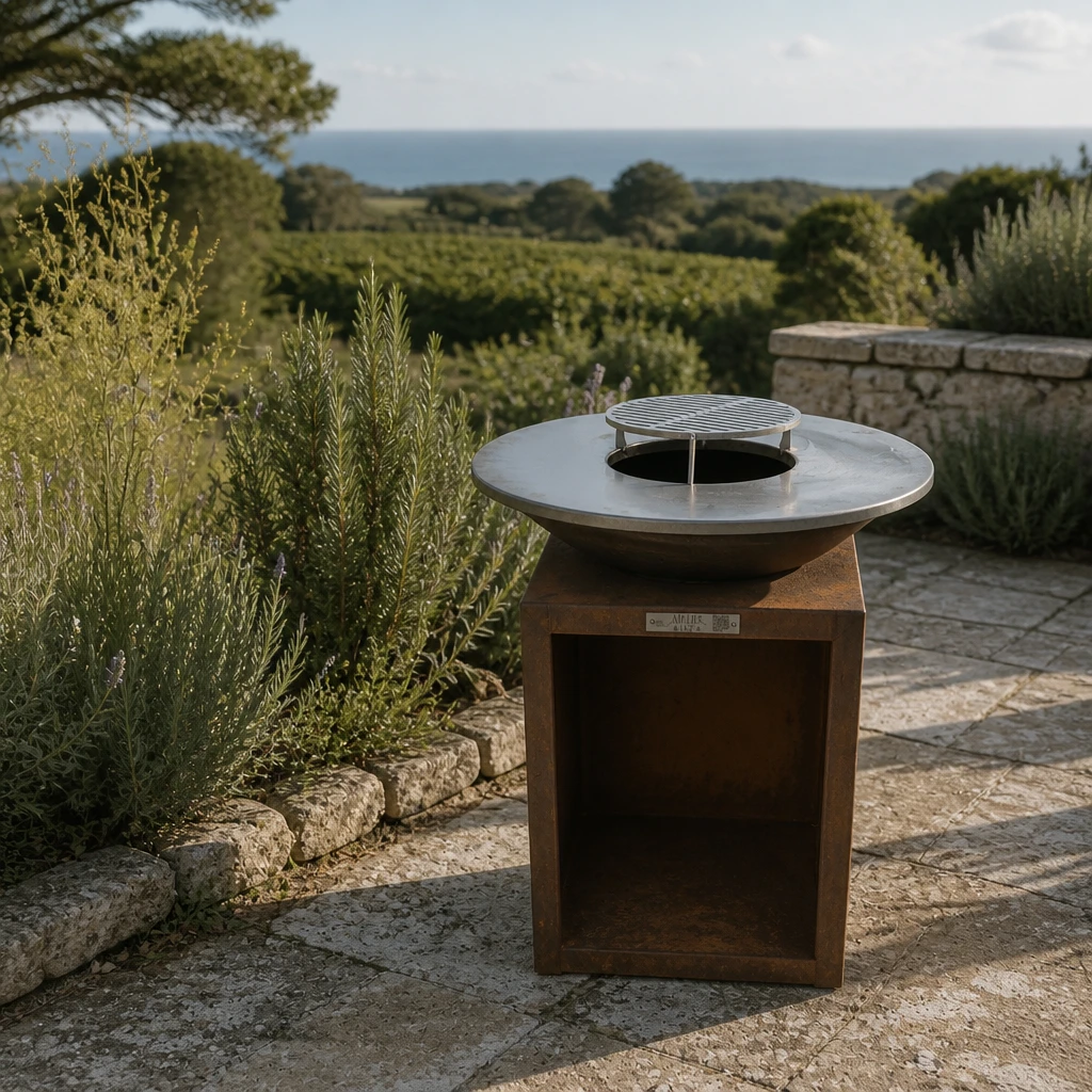 Brasero corten 5 ans d'âge en bord de mer Atlantique, patine brun chocolat homogène, témoin du temps qui passe