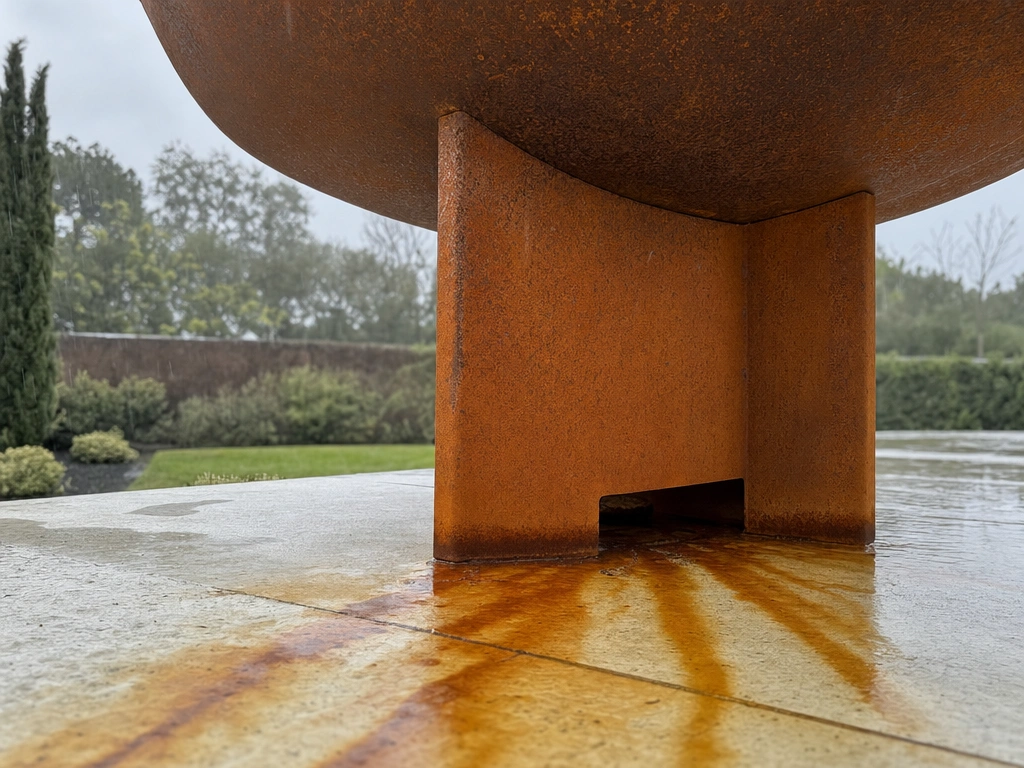 Coulures de rouille fraîche d'un brasero corten en phase de patinage sur une dalle de pierre claire