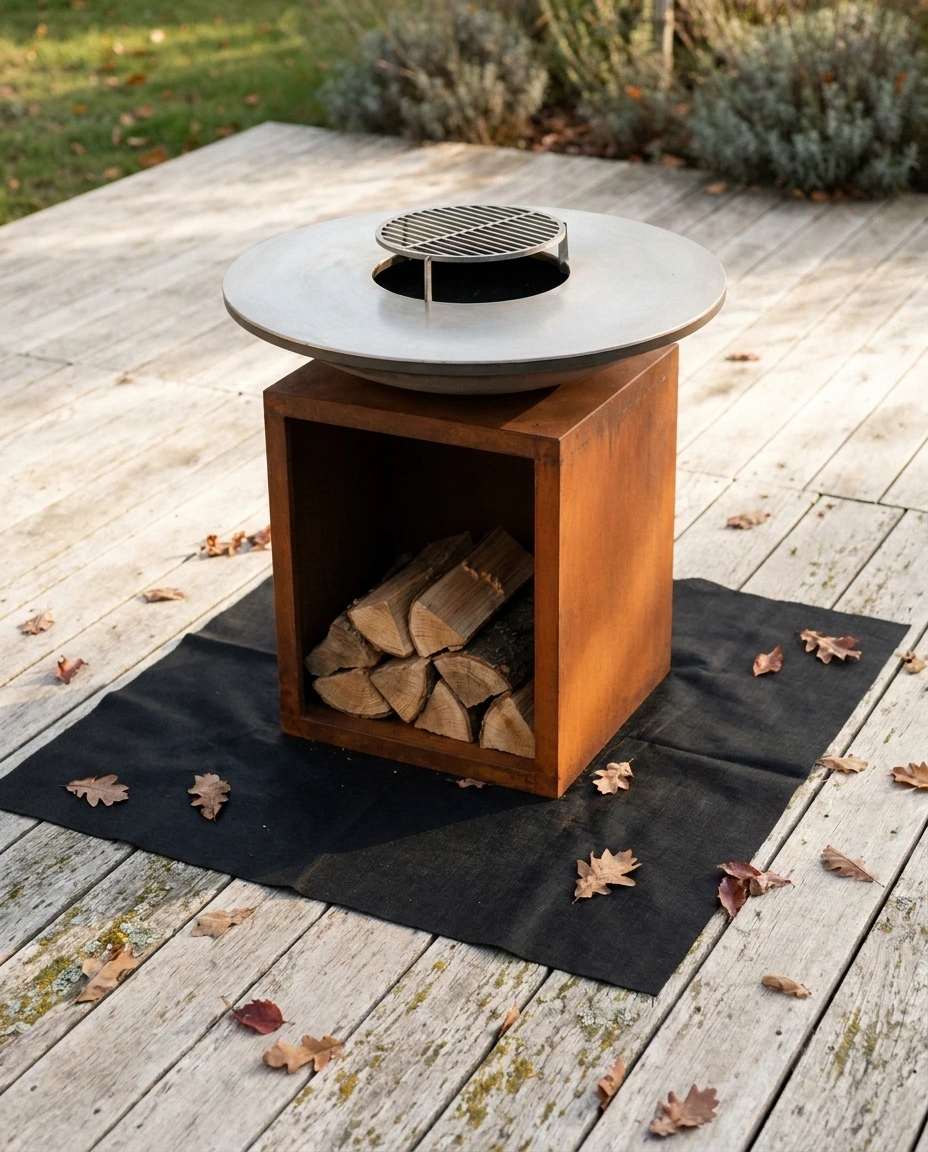 Brasero corten neuf installé sur terrasse en bois clair avec un géotextile noir posé sous le brasero pour protection préventive