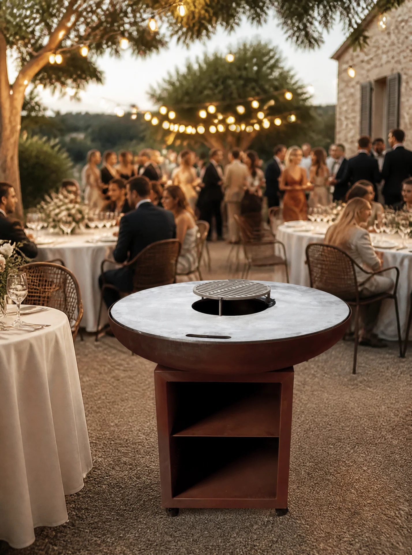 Brasero plancha en acier corten au cœur d'un mariage haut de gamme français à la golden hour avec invités et tables dressées