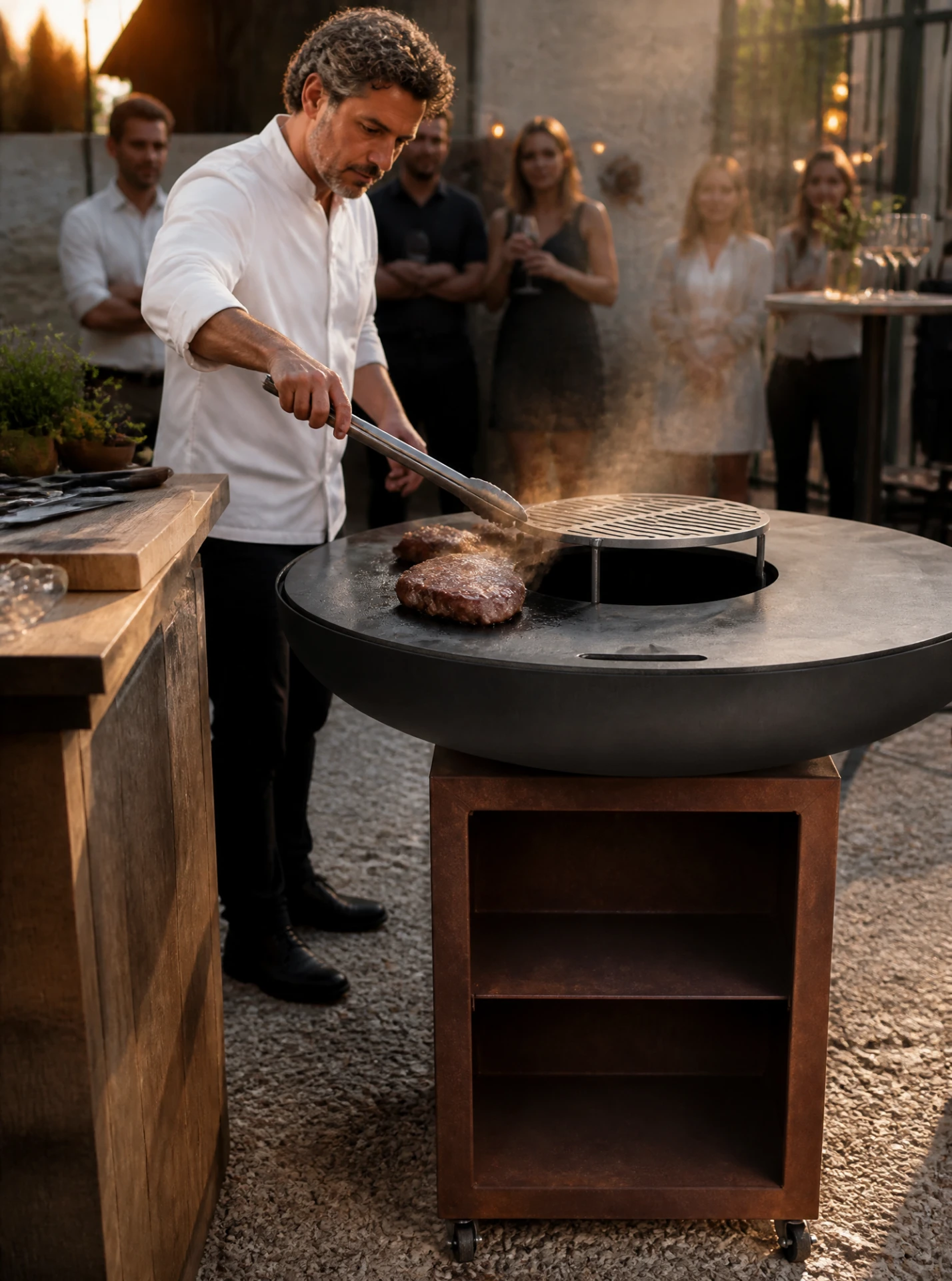 Chef en blouse blanche saisissant une côte de bœuf face au public sur un brasero plancha en pleine cuisson