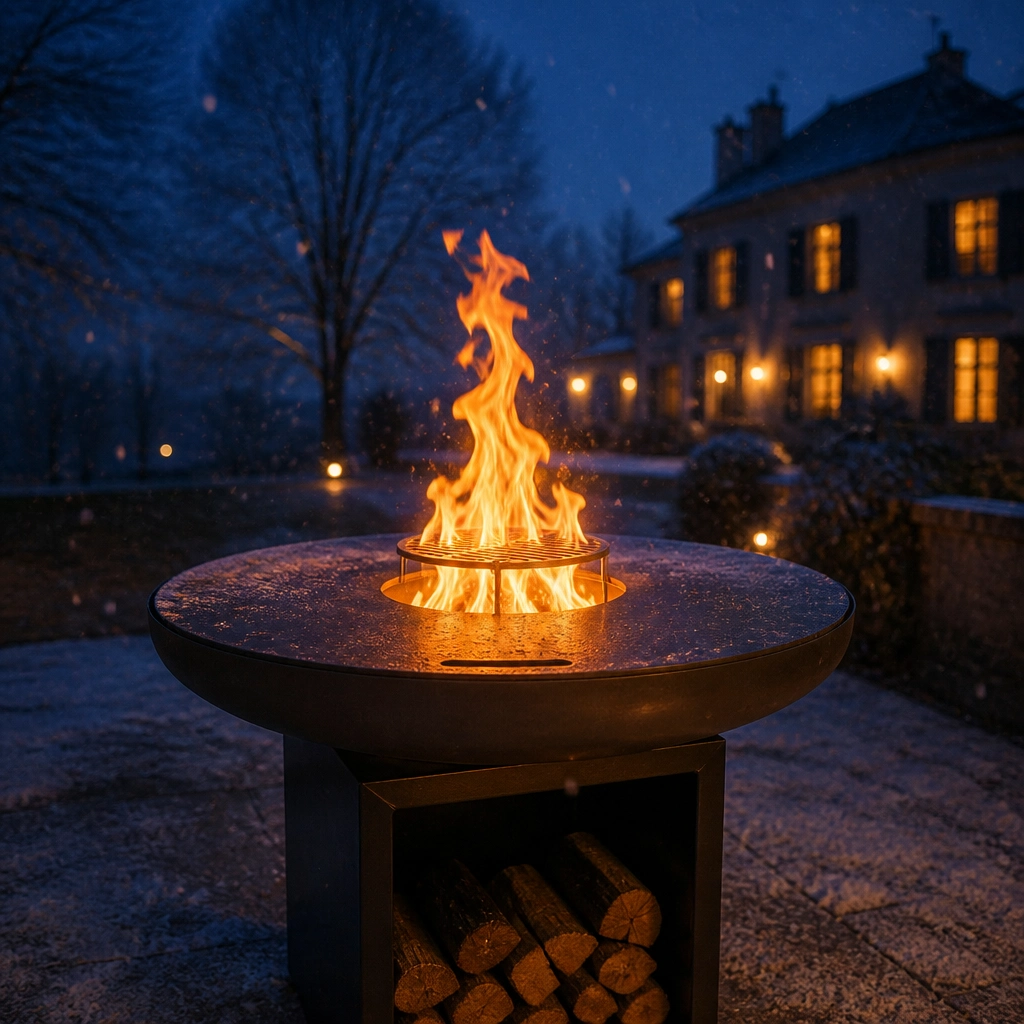 Brasero artisanal en activité sur une terrasse enneigée le soir, flammes vives, convives emmitouflés autour