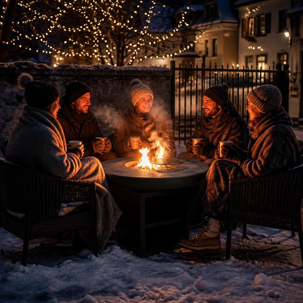 Brasero artisanal en activité sur une terrasse enneigée le soir, flammes vives, convives emmitouflés autour