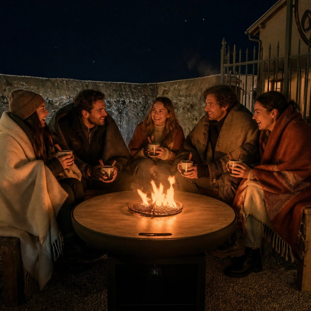 Cercle d'amis emmitouflés dans des plaids en laine autour d'un brasero allumé, mugs de vin chaud à la main, ambiance soirée d'hiver