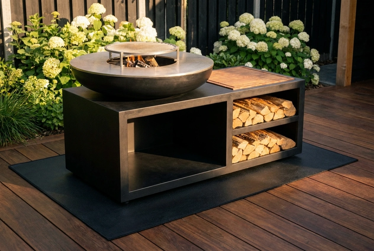 Brasero plancha en acier corten posé sur terrasse en bois exotique foncé avec tapis ignifugé en fibre de verre noir