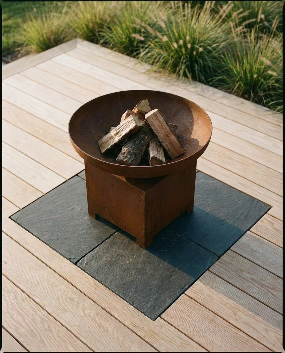 Quatre dalles de pierre naturelle foncée alignées en carré sous un brasero corten, intégrées dans une terrasse en bois clair