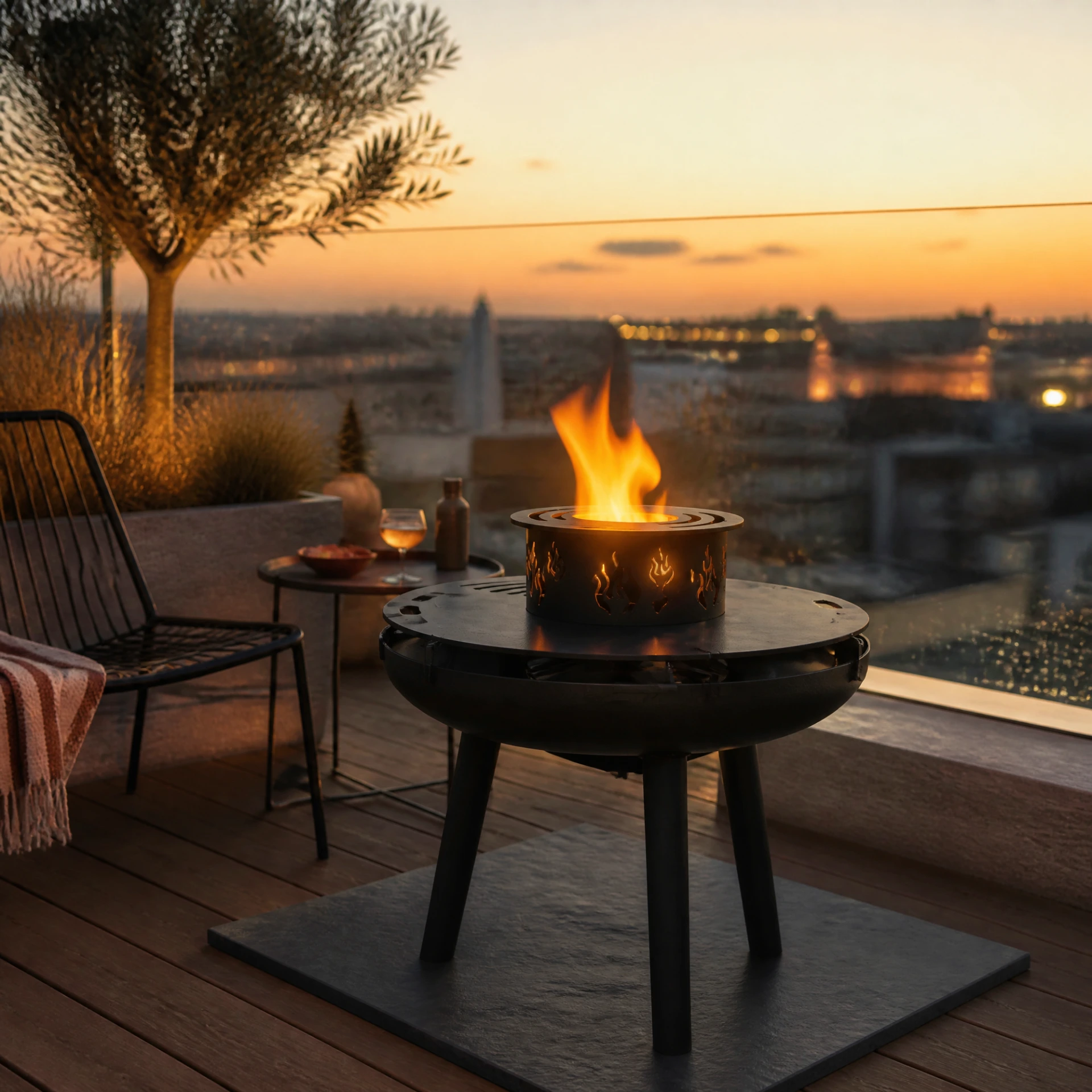 Brasero plancha 50 cm sur balcon-terrasse en bois composite contemporain en hauteur urbaine avec vue sur la ville au coucher du soleil