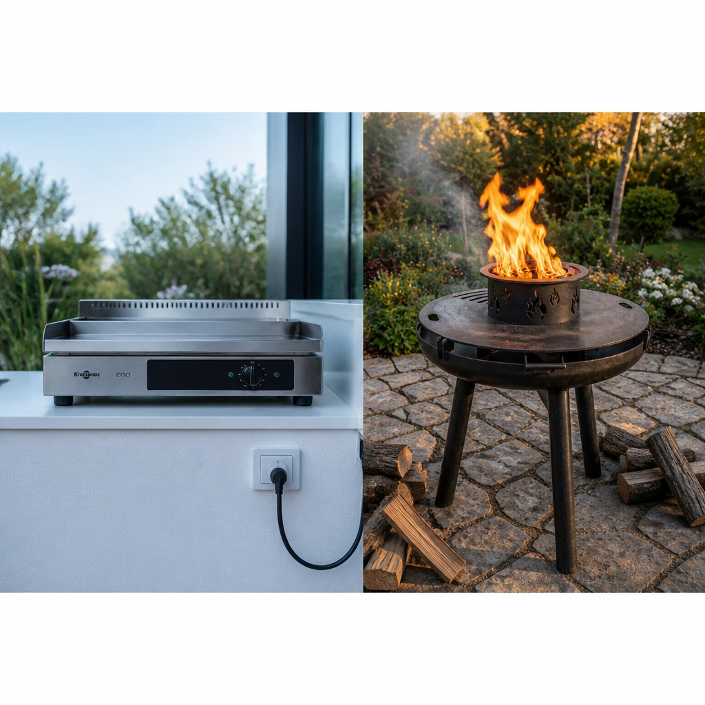 Comparatif visuel entre plancha électrique inox moderne et brasero plancha artisanal au feu de bois côte à côte