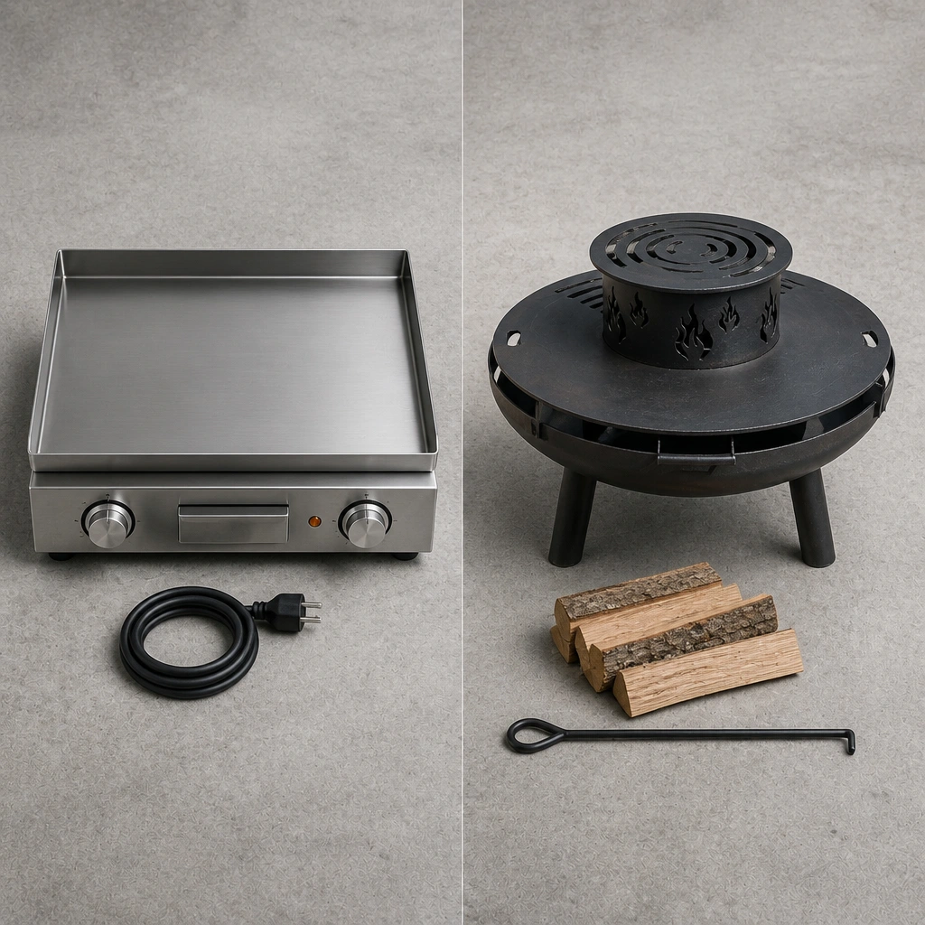 Comparaison côte à côte d'une plancha électrique inox moderne et d'un brasero plancha artisanal corten au feu de bois