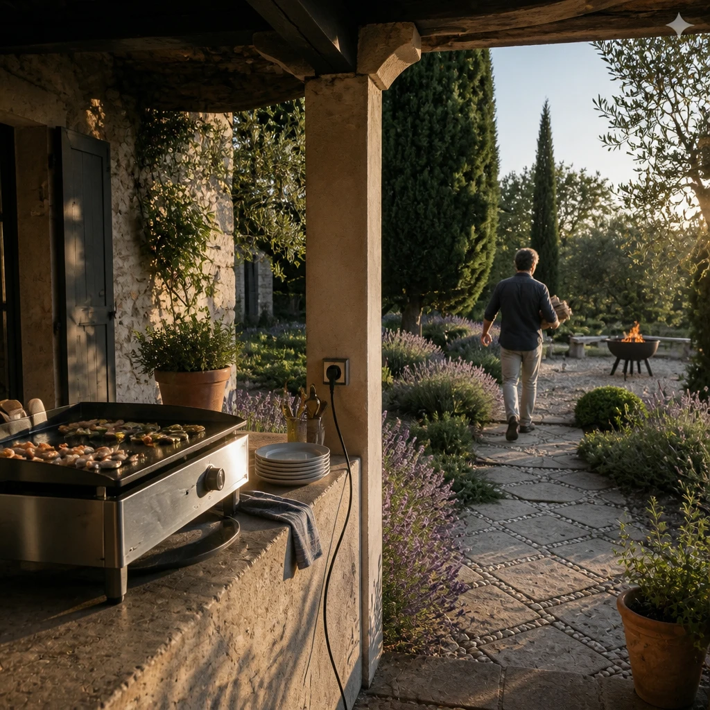 Plancha électrique inox sous abri terrasse avec prise 220V visible, à côté d'un brasero en plein air autonome