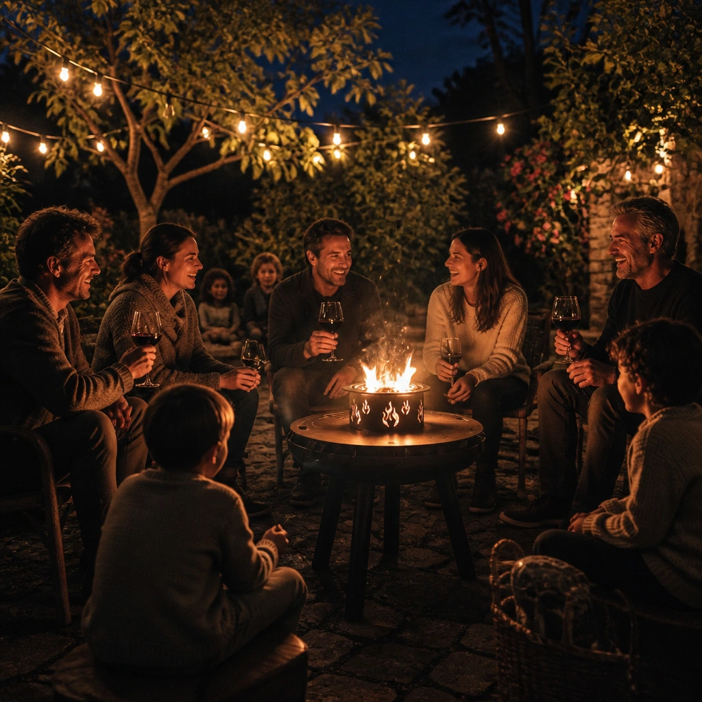 Soirée d'amis autour d'un brasero plancha en activité, flammes vives, ambiance conviviale qu'une plancha électrique ne reproduira jamais