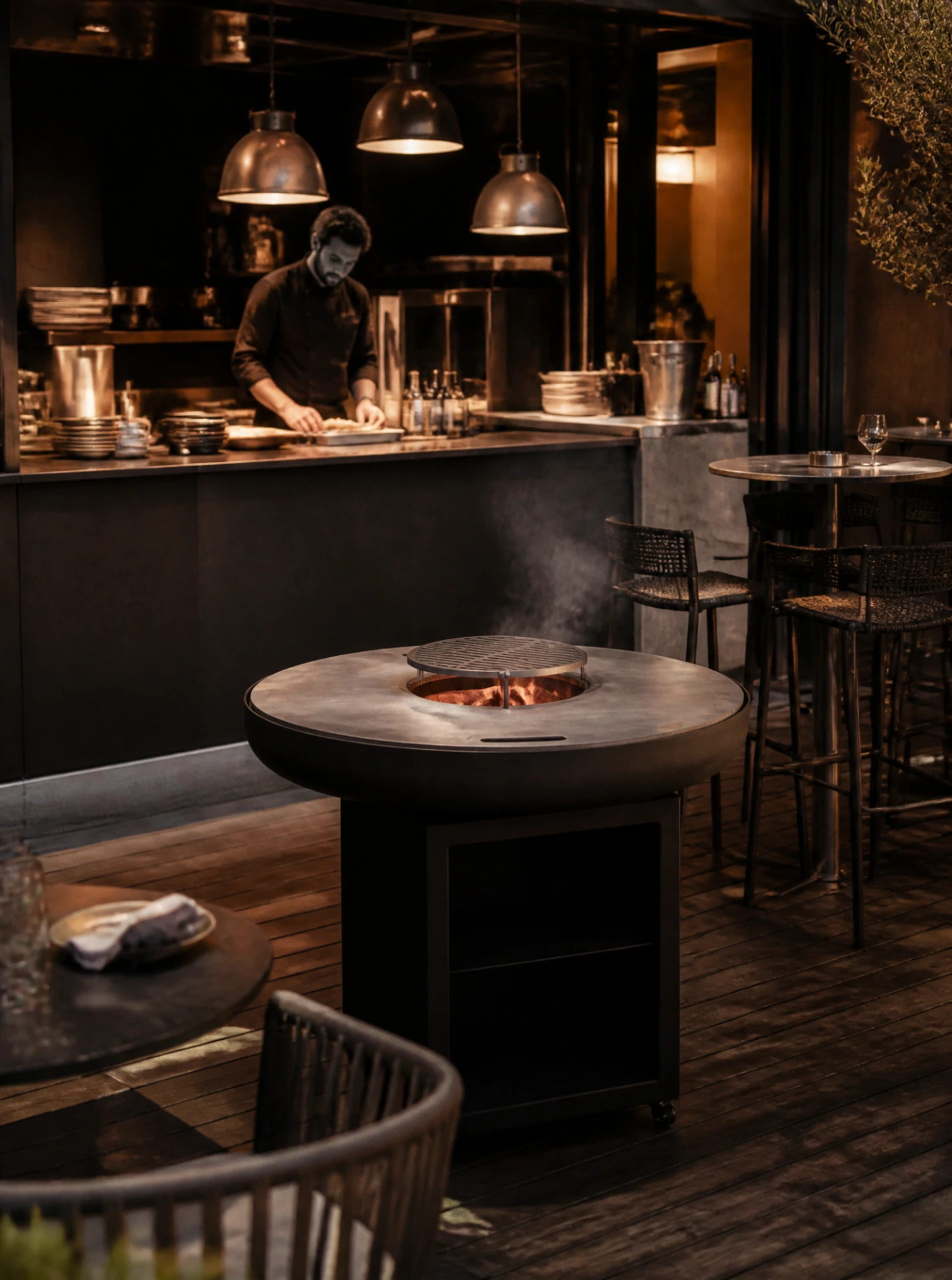 Brasero plancha 100 cm en acier corten dans la cuisine ouverte d'un restaurant de bistronomie premium avec chef en service