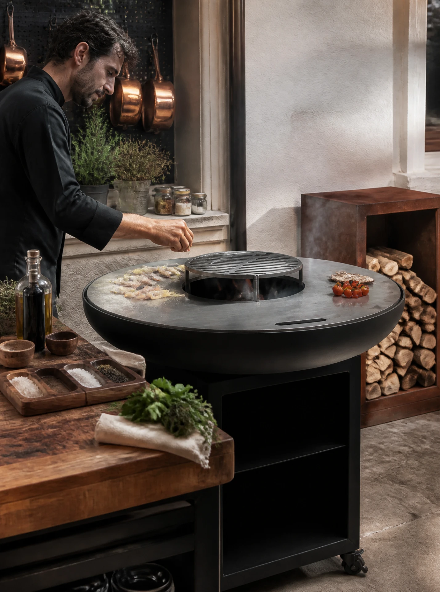 Poste de cuisine professionnel autour d'un brasero plancha avec plan de dressage en bois et range-bûches mural en corten