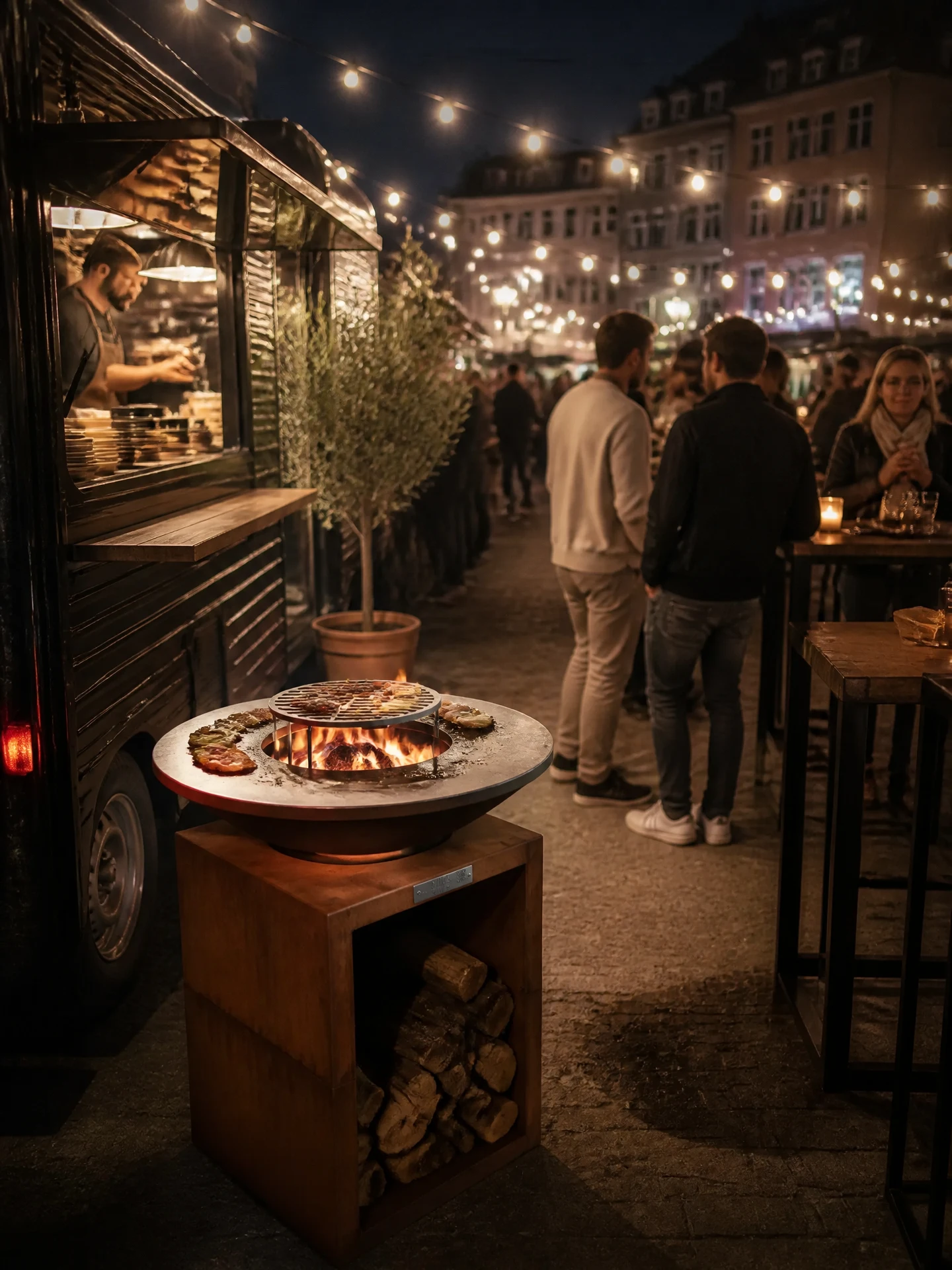 Food truck contemporain avec brasero plancha visible à l'arrière en service nocturne sur place urbaine animée