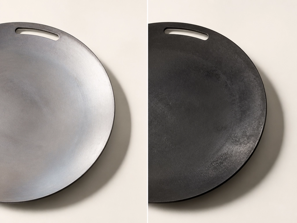 Diptyque visuel : plancha de brasero en acier carbone neuf à gauche, plancha culottée mature noire à droite