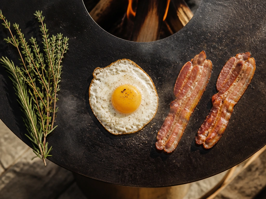 Œuf au plat et tranches de pancetta cuisant sur une plancha de brasero parfaitement culottée