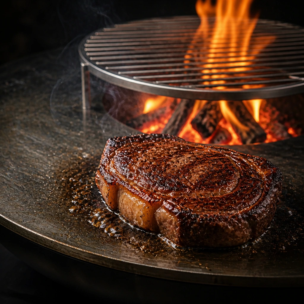 Côte de bœuf saisie sur la plancha d'un brasero au feu de bois, croûte caramélisée et flammes en arrière-plan