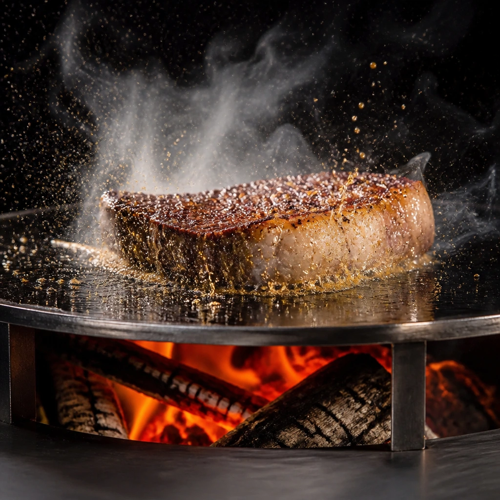 Côte de bœuf en cours de saisie sur la plancha d'un brasero, croûte caramélisée et flammes en arrière-plan