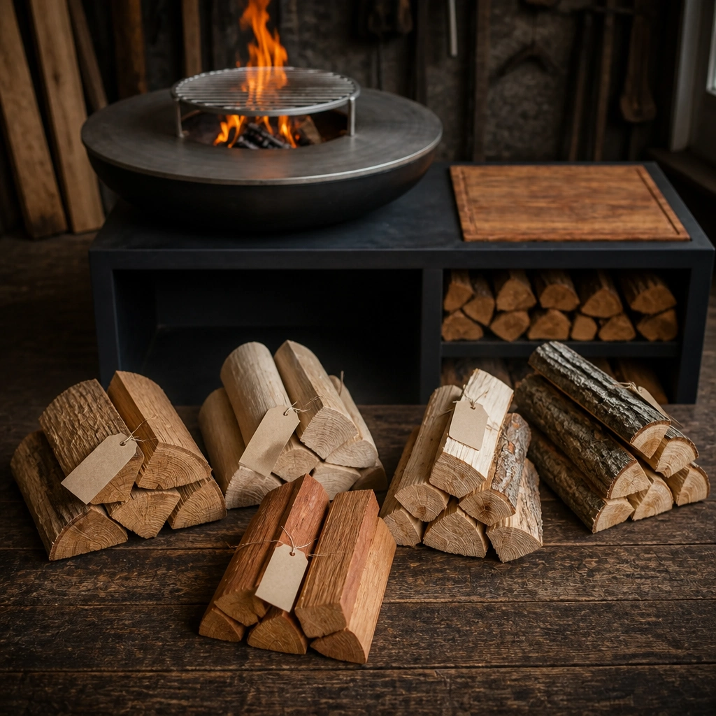 Différentes essences de bois — chêne, hêtre, cerisier, pommier — disposées en bûches devant un brasero allumé