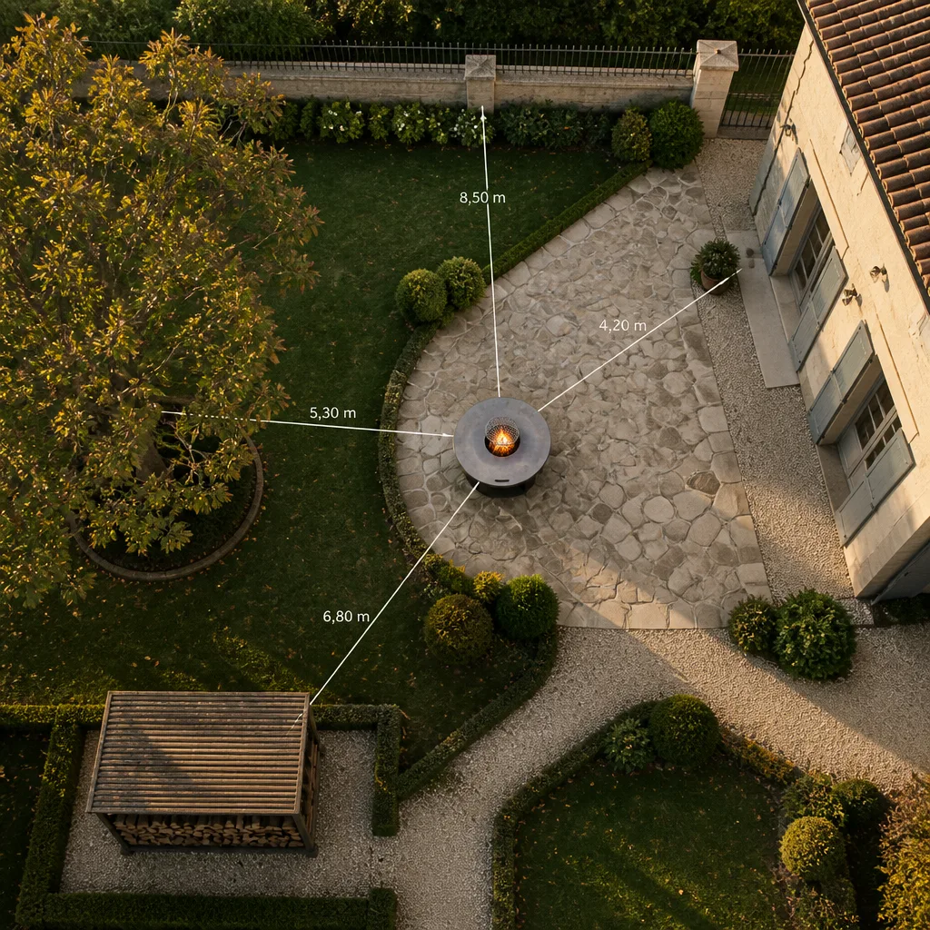 Plan d'implantation d'un brasero dans un jardin avec les distances réglementaires illustrées