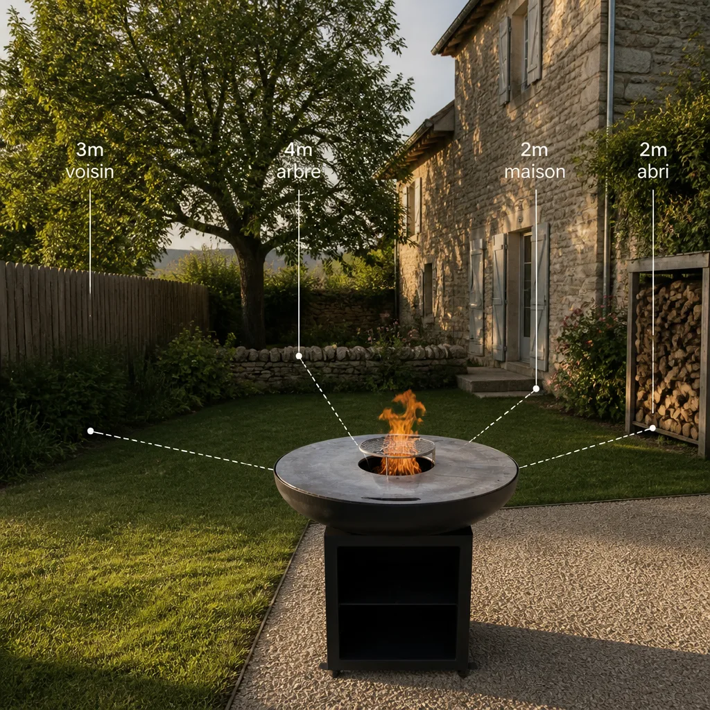Schéma d'implantation d'un brasero dans un jardin avec les distances réglementaires illustrées : voisin, maison, arbre, abri