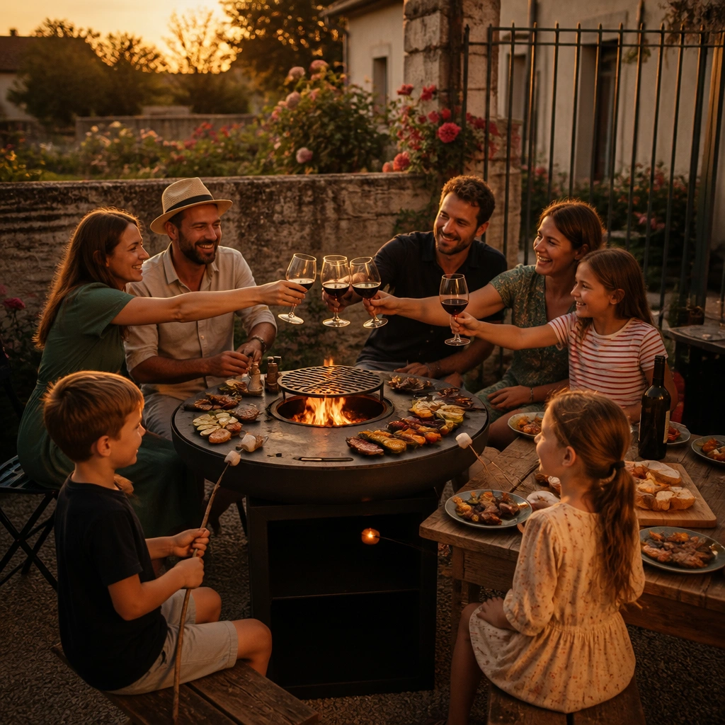 Voisins partageant une soirée brasero conviviale en jardin, illustrant la prévention des conflits par le dialogue