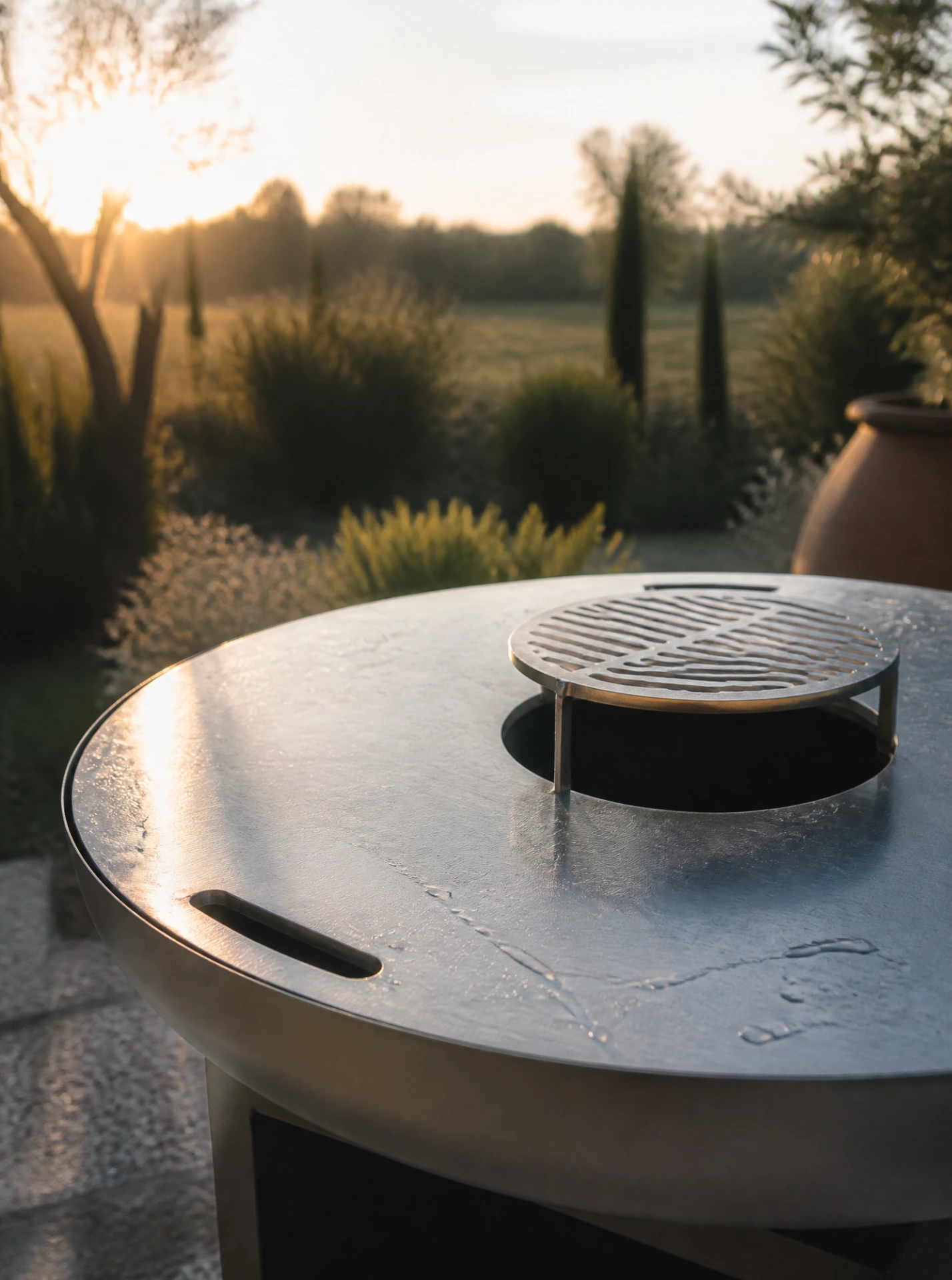 Plancha de brasero en acier inoxydable parfaitement nettoyée avec gouttes d'eau perlées sous lumière de matin