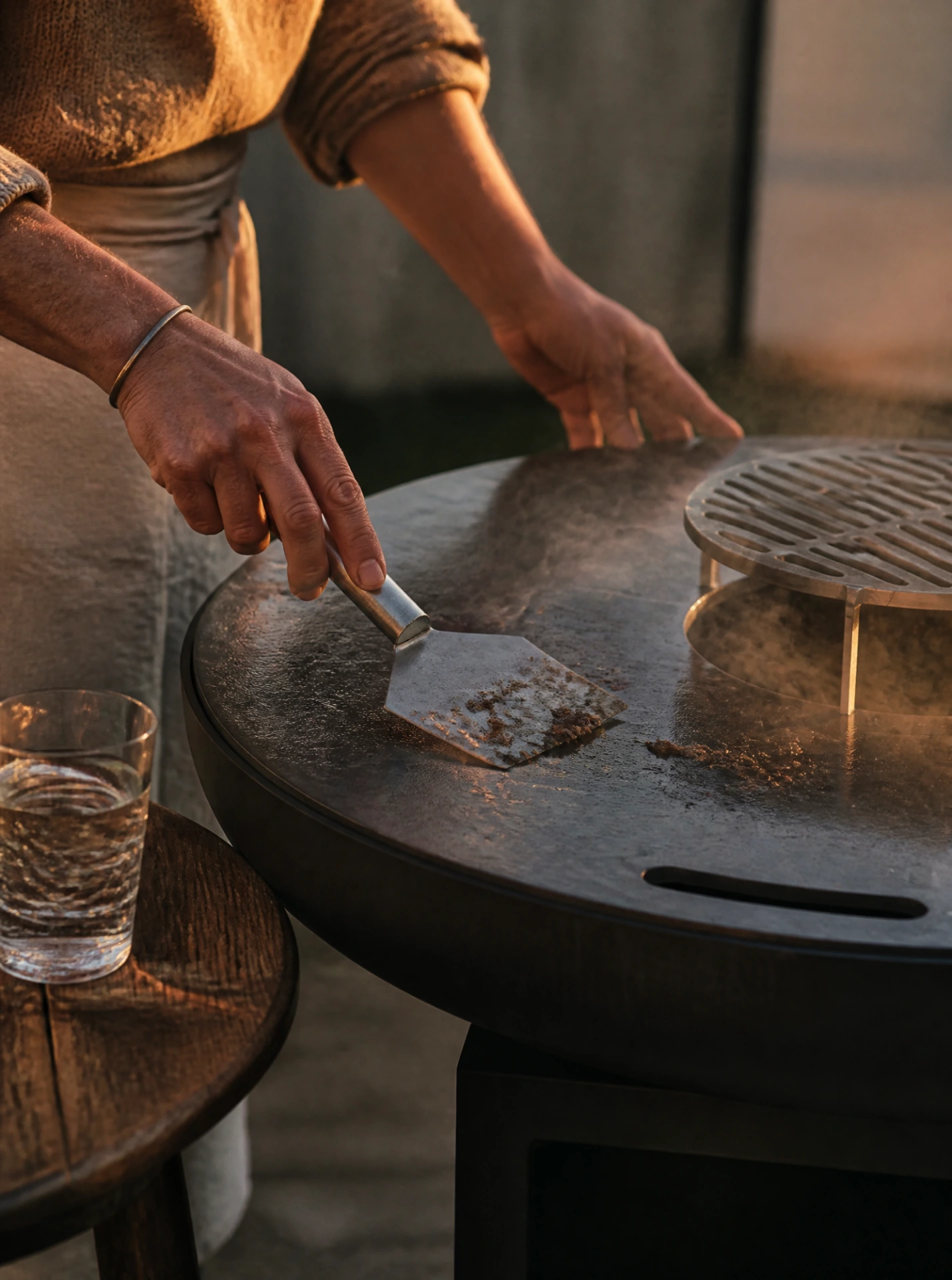 Mains qui passent une raclette en inox sur une plancha tiède pour décoller les résidus de cuisson