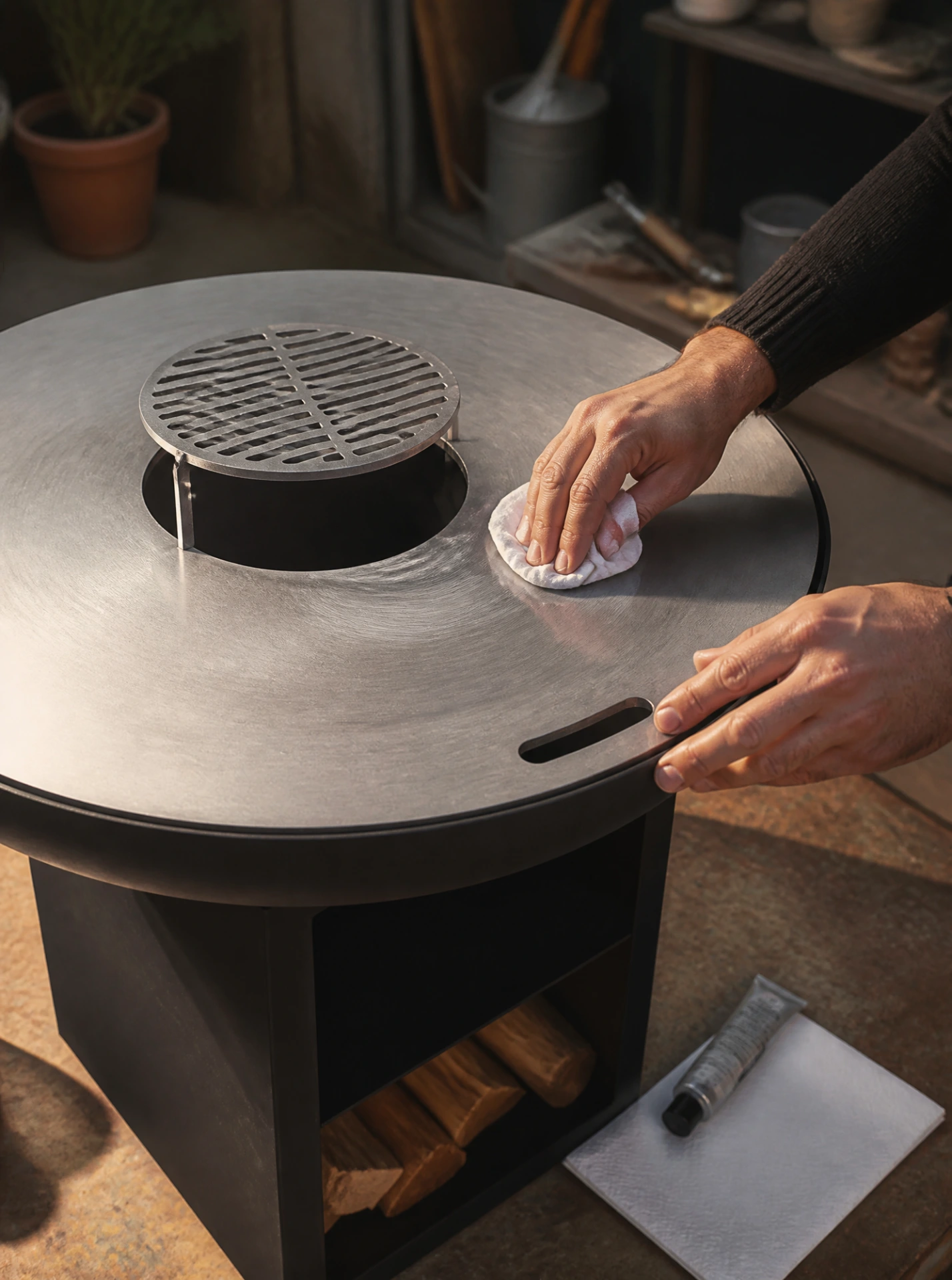 Application de pâte à l'inox au chiffon doux dans le sens du grain pour redonner sa brillance à une plancha
