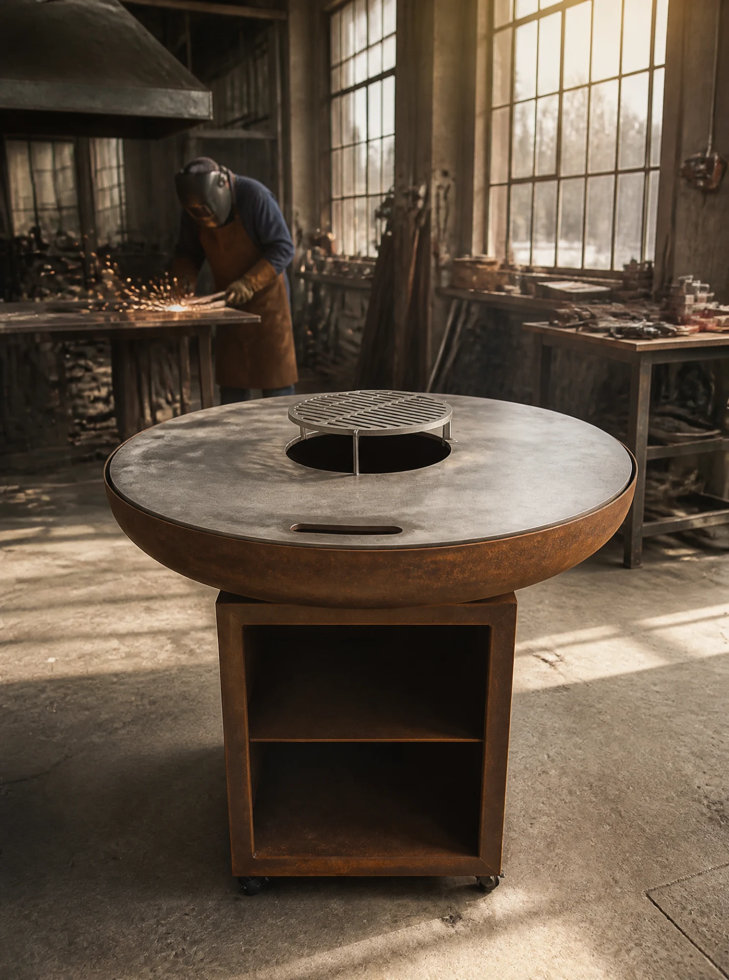 Atelier de ferronnerie français avec brasero corten en cours de finition, soudures TIG visibles, artisan en tablier de cuir au travail