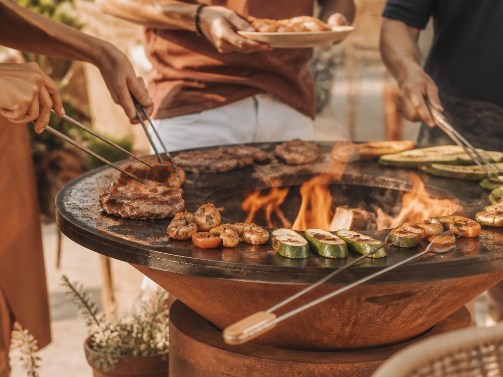 Repas familial autour d'un brasero plancha en pleine cuisson avec entrecôtes, légumes et gambas, plusieurs mains qui participent