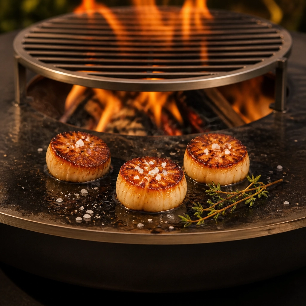 Saint-Jacques saisies à la française sur la plancha d'un brasero artisanal au feu de bois