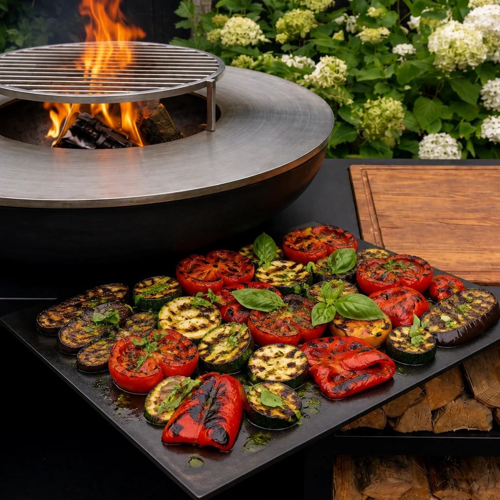 Légumes méditerranéens grillés sur plancha de brasero : aubergines, courgettes, poivrons, tomates anciennes