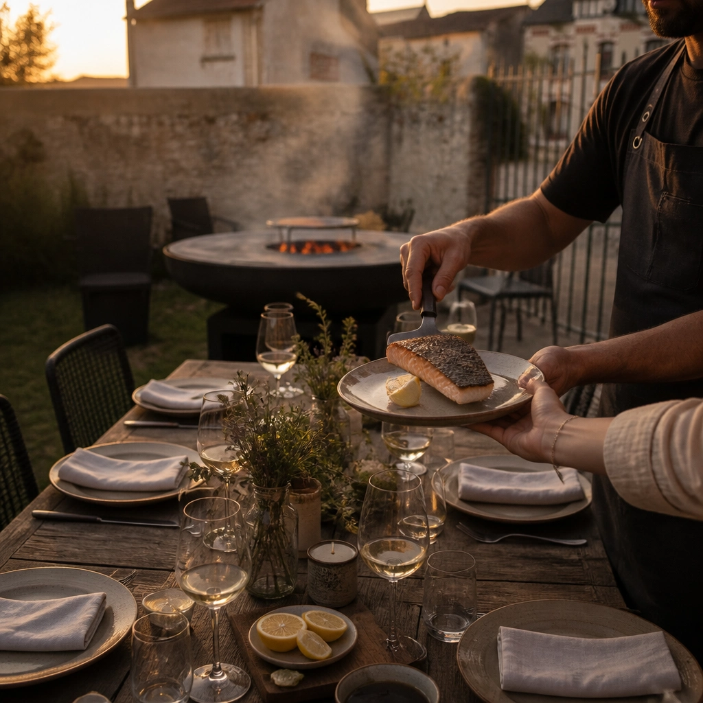 Service à table autour d'un brasero plancha : poissons et légumes servis chauds, dressage de chef en extérieur