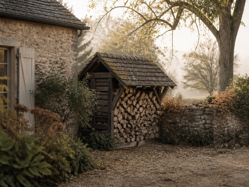 Abri à bois traditionnel français avec bûches de chêne empilées en croisé