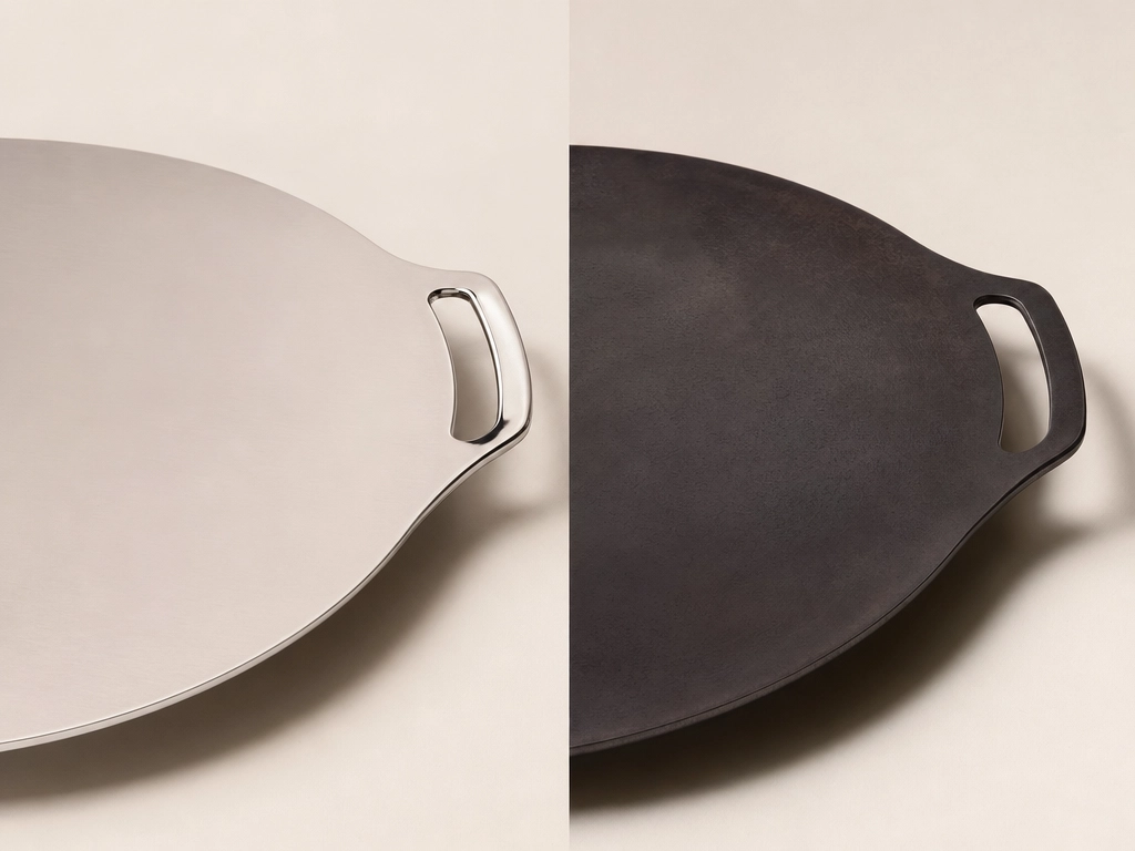 Diptyque visuel : plancha en inox argenté à gauche, plancha en acier carbone culottée noire à droite