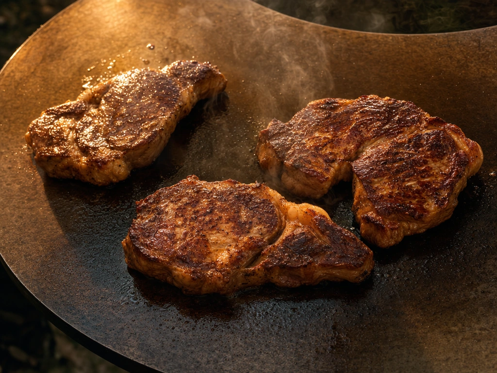 Trois entrecôtes saisies sur une plancha de brasero en acier carbone, croûte caramélisée brun-doré