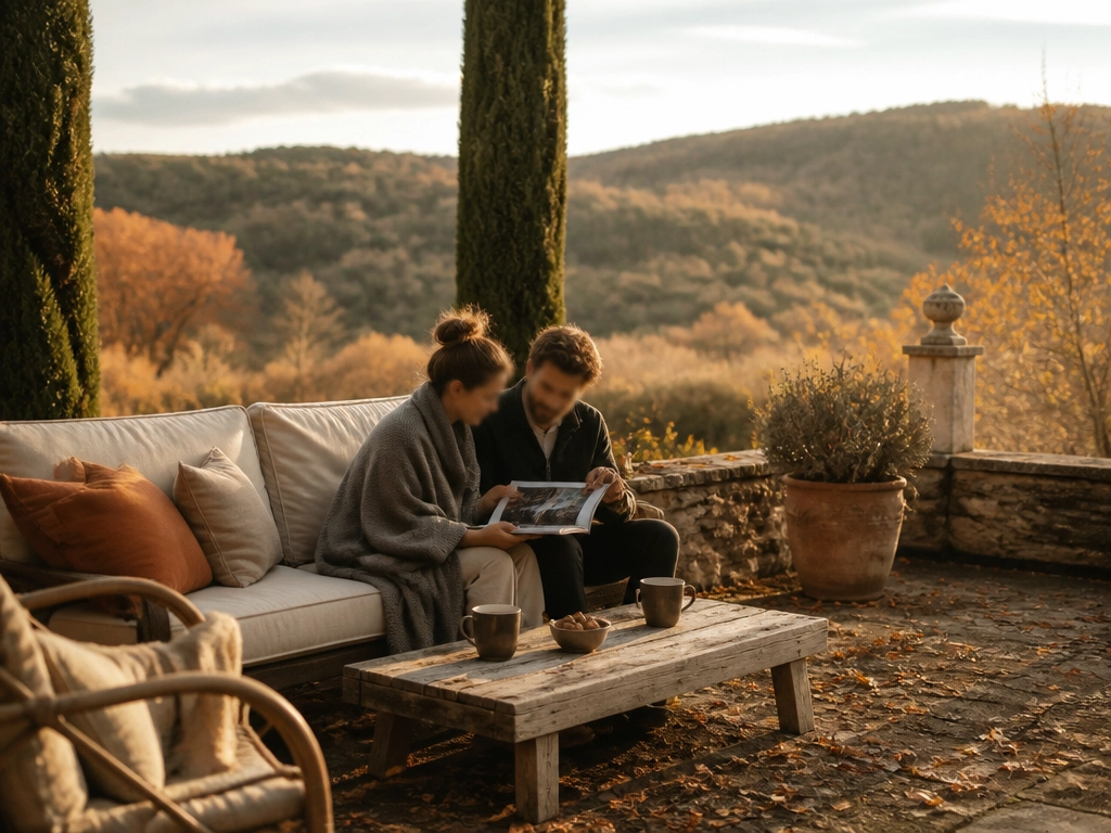 Couple en train de regarder ensemble des photos de braseros sur un canapé d'extérieur de jardin de campagne français
