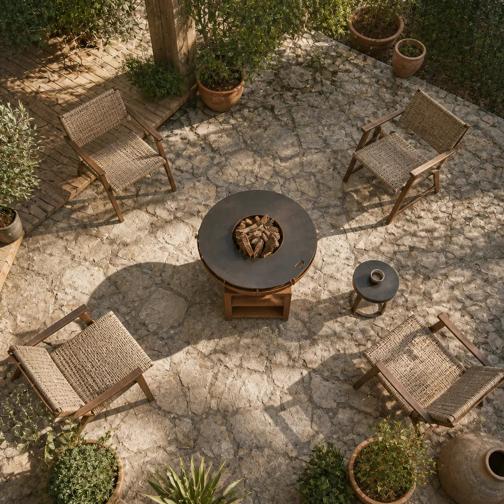 Vue plongeante d'un brasero plancha installé au centre d'une terrasse avec mobilier de jardin disposé à distance respectueuse