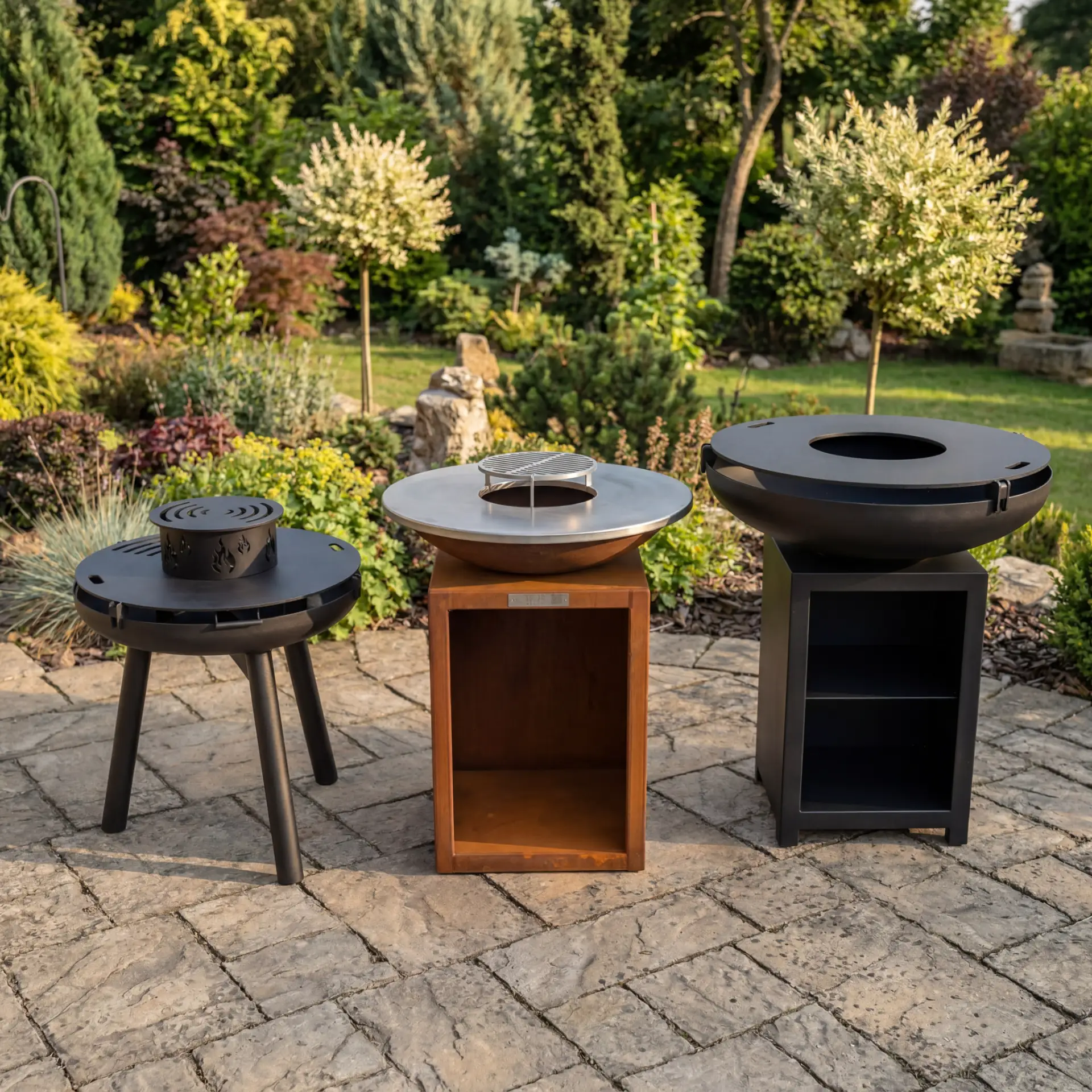 Trois braseros artisanaux français côte à côte sur une terrasse en pierre : Coffy 50 cm, Le Fermier corten et L'Obélix 80 cm