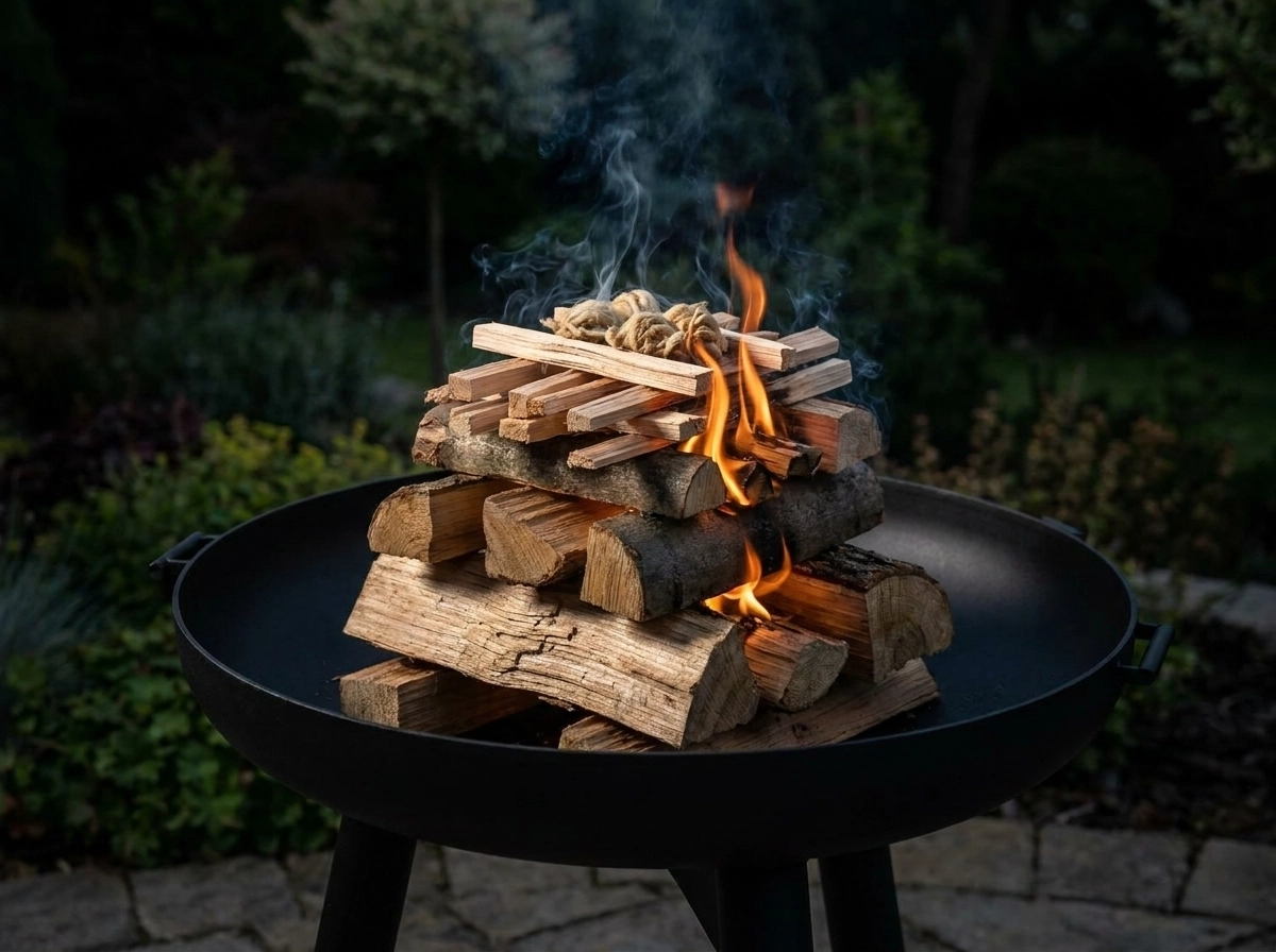Brasero artisanal neuf en cours de premier allumage avec méthode upside-down fire, flammes basses contenues dans le bol